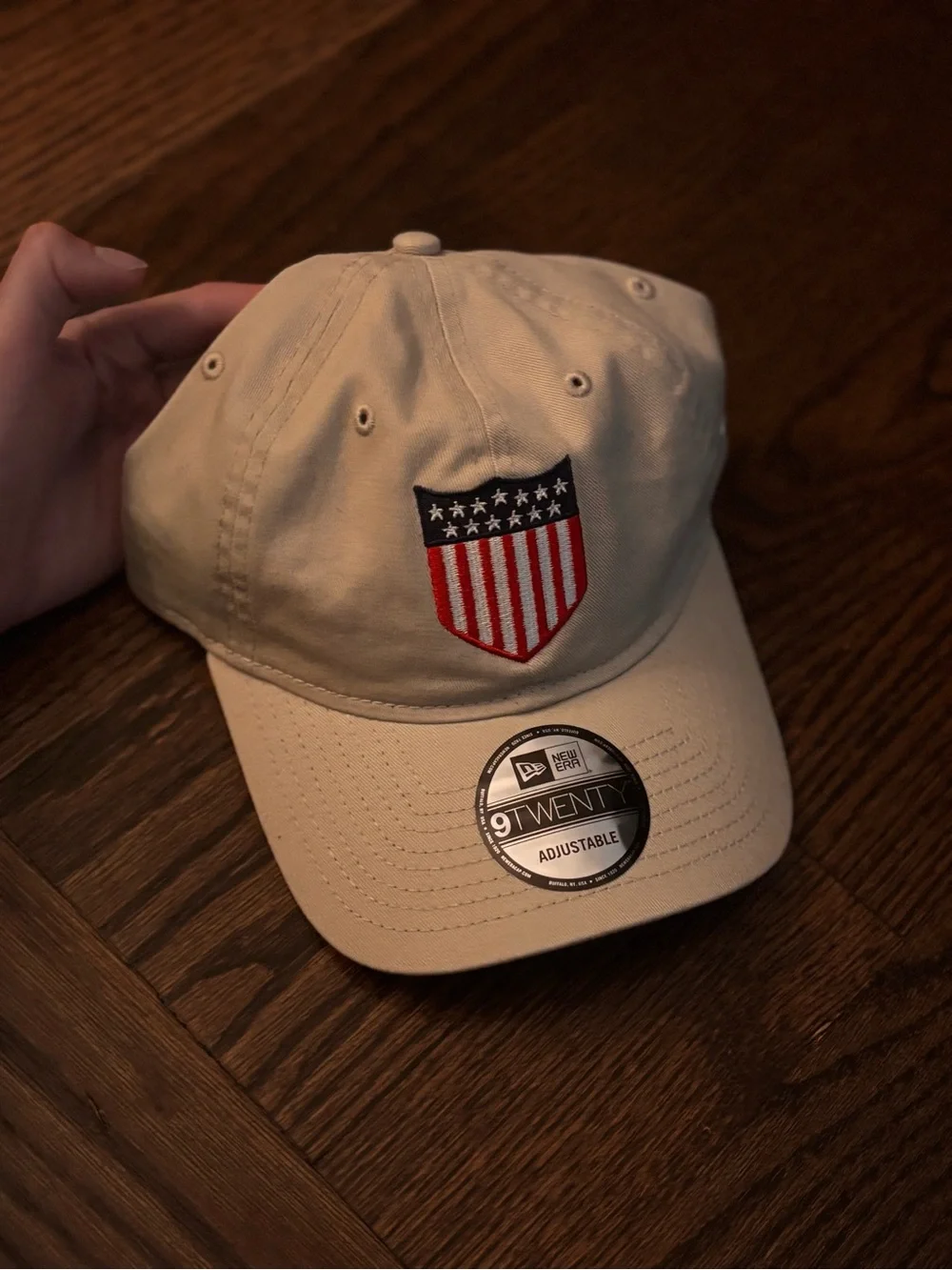 New Era Beige Baseball Cap with Red, White & Blue Shield Patch